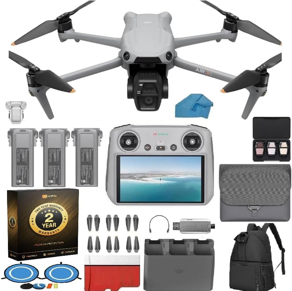 DJI Air 3S Drone Fly More Combo with DJI RC 2 Screen Remote Drone with 4K HDR, 46-Min Max Flight Time, 48MP Bundle with 128 GB Micro SD Card, 3.0 USB Card Reader, Landing Pad, Waterproof Backpack with 2 Year Extended Warranty