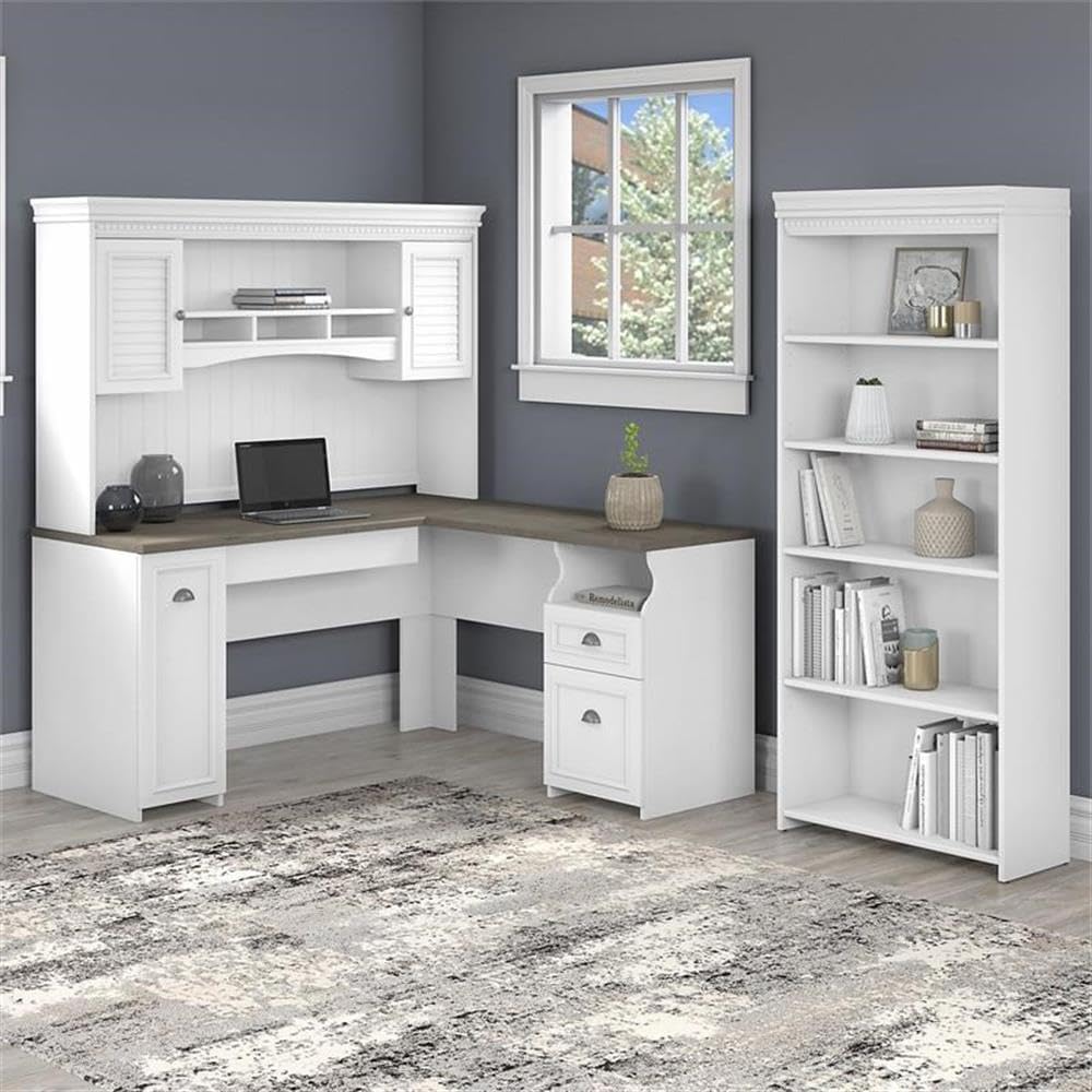 Pemberly Row L Desk with Hutch and Bookcase in White and Gray - Engineered Wood