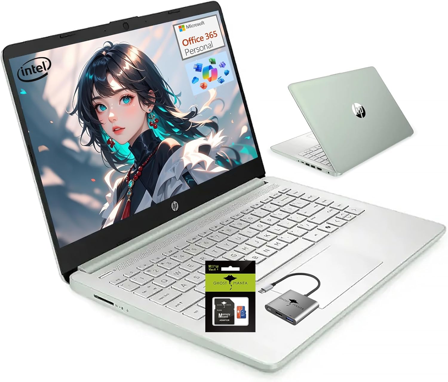 HP 14 inch Laptop for Home Student Study, 1-Year Office 365, Quad-Core Processor (Beat i3), 8GB RAM 256GB Storage (128GB eMMC +128GB SD Card), WiFi 6 Win 11 W/GM Accessories