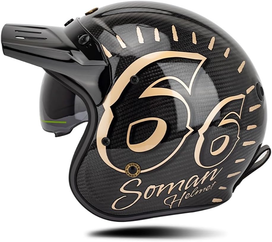 3/4 Motorcycle Open Face Adults Half Helmet, Retro Carbon Fiber Moped Cruiser DOT Approved Four Seasons Helmet, Men and Women Vintage Fashion Chopper Scooter Touring Half Face Helmet