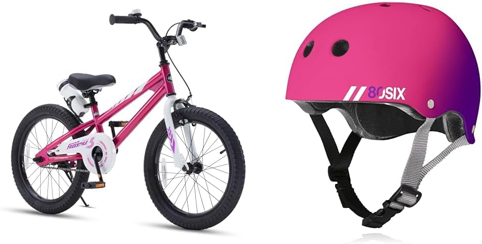 Royalbaby Freestyle Kids Bike with Kickstand & 80Six Dual Certified Helmet, 18 Inch Fuchsia & Pink Purple Fade, Junior