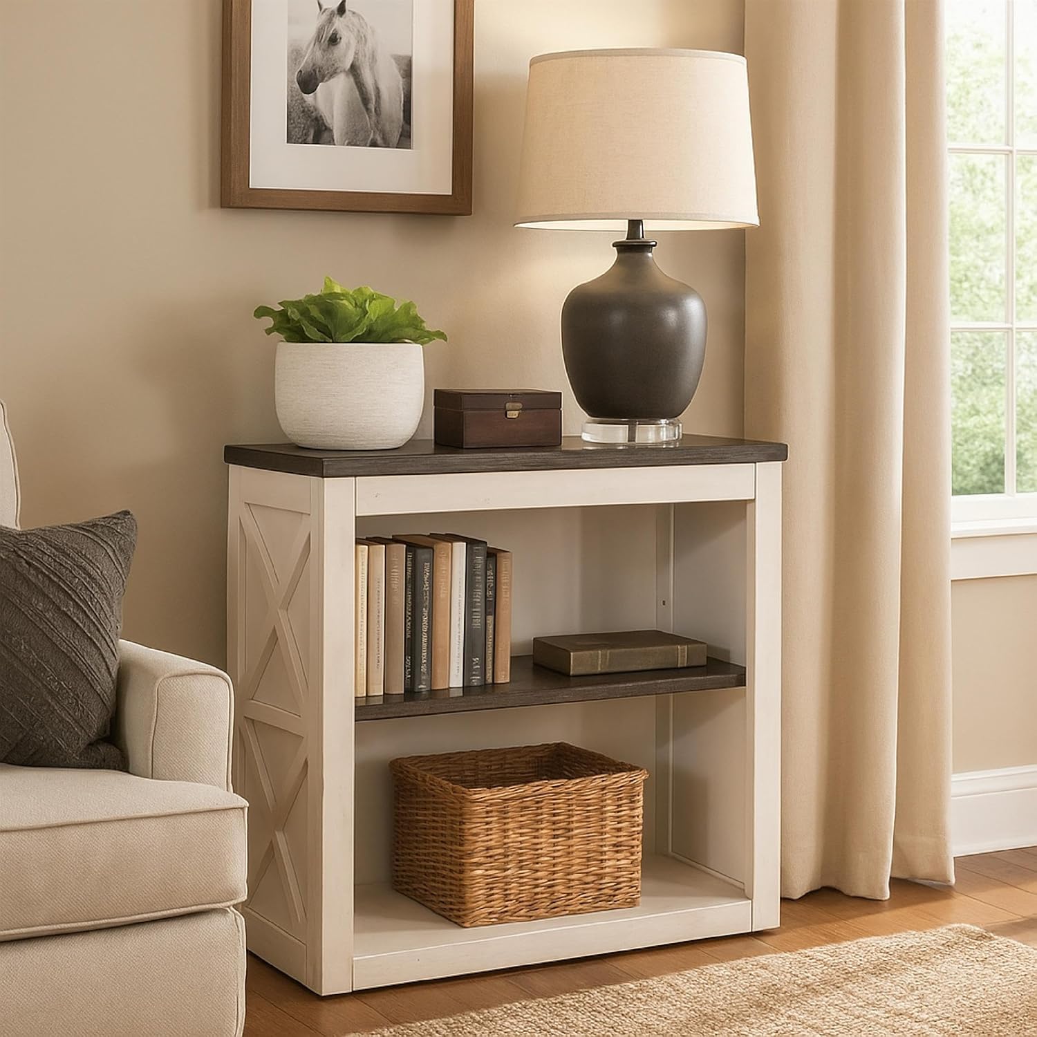 Benzara Zena 30 Inch Small Bookcase- 2 Shelves- 2 Tone in Brown- White Veneer