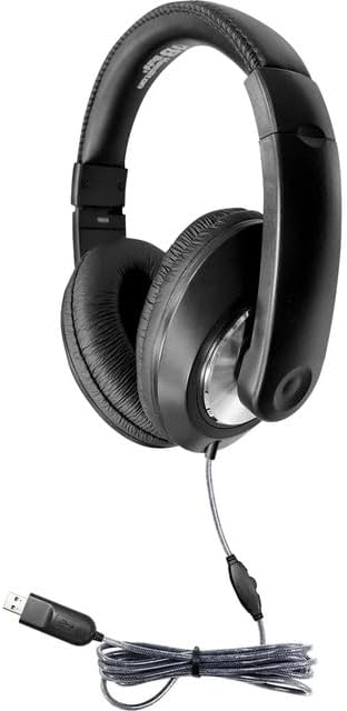 HamiltonBuhl Smart‑Trek Deluxe Over‑Ear Headphones 50‑Pack, In‑Line Volume Control, USB Plug, Leatherette Cushions, Durable Dura‑Cord, Adjustable Headband – Black (ST1BKU)