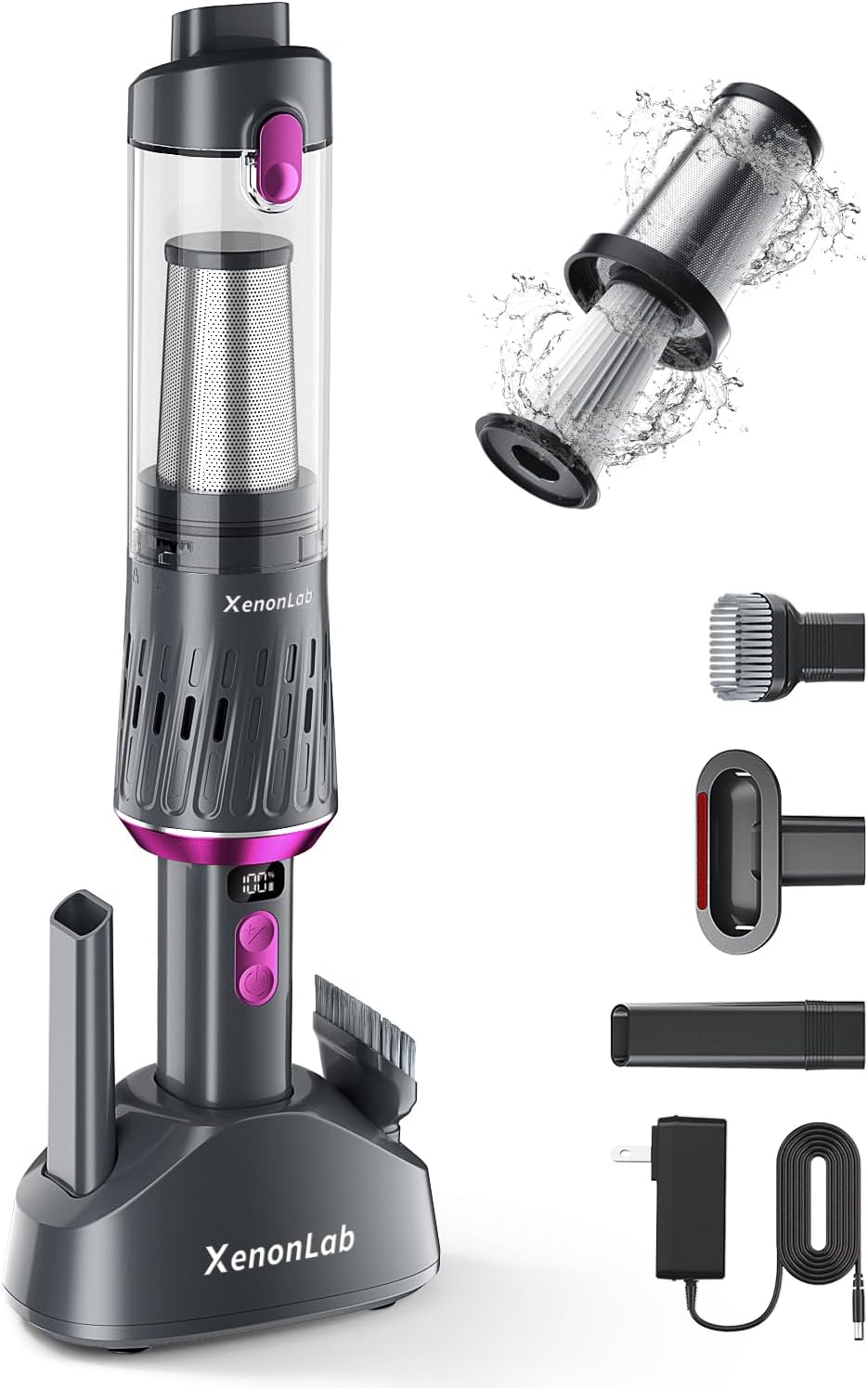 XenonLab Handheld Vacuum Cordless 25000Pa Car Vacuum 3-in-1 Handheld Vacuum, Includes Smart Display and Charging Base Hand Vac Cordless Rechargeable One-Touch Empty for Home/Pet/Car (Violet)