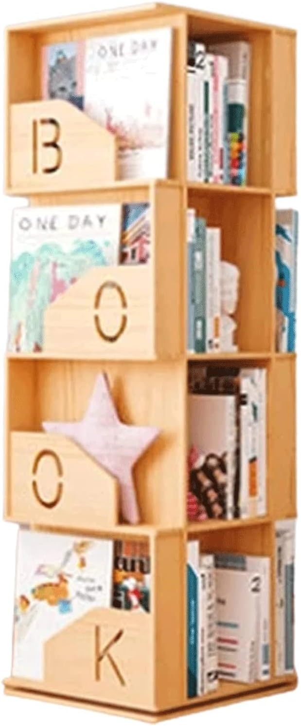 Rieort Fashion Bookshelf Square Solid Wood Bookshelf 360 Degree Rotation Bookcase Storage Display Rack Bookcase Home Office Bookshelves not Shaking