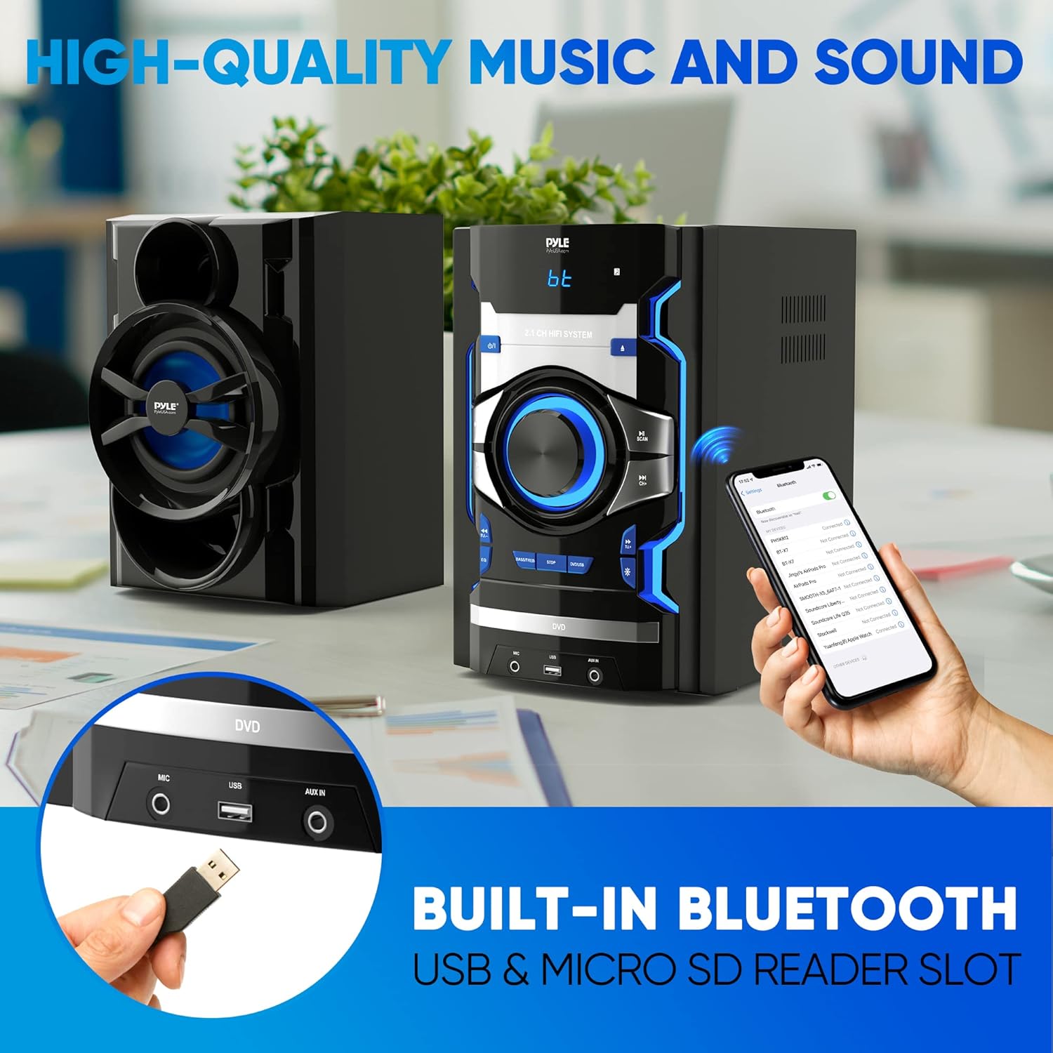 Pyle 3-Piece Wireless Bluetooth Stereo System - 1000 Watt DVD Shelf System for Home with DVD Player