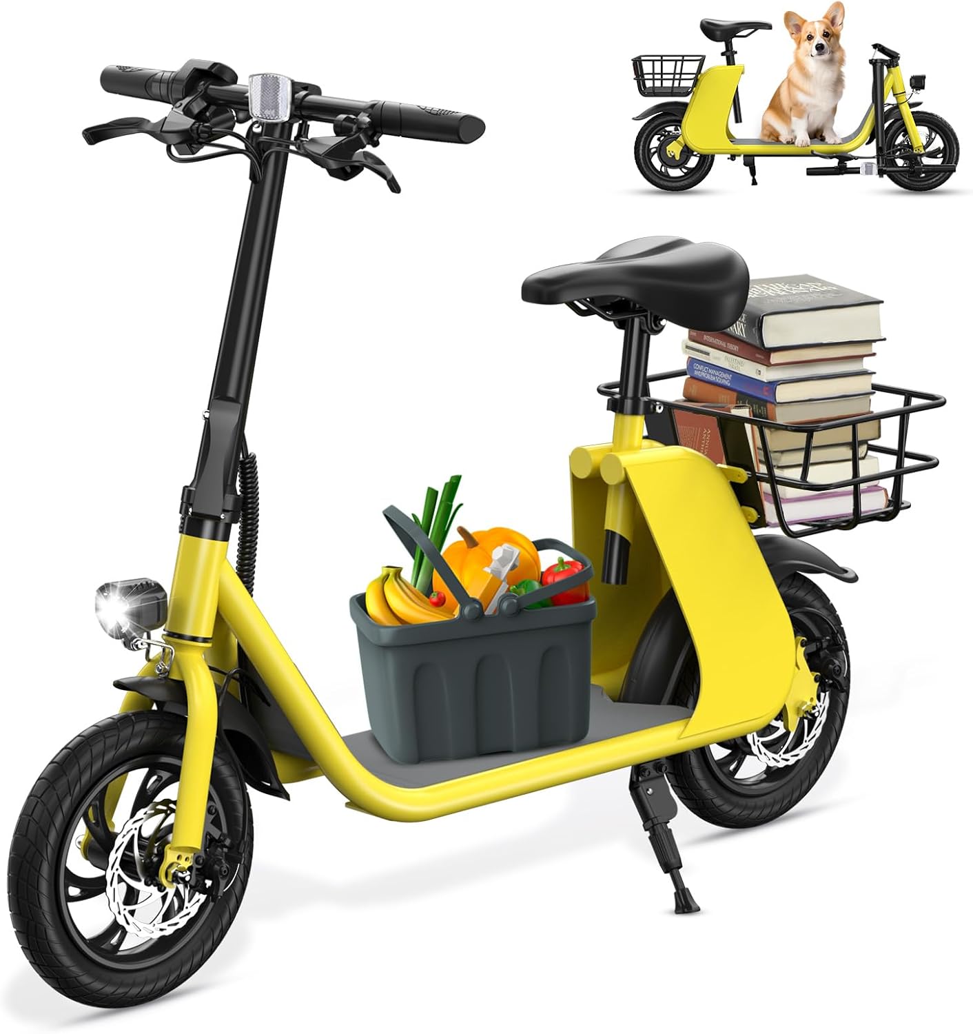 SEHOMY 2 Seater Electric Scooter for Adults 330lbs, Folding Escooters with Seat, 850W Peak Motor, 25/20 Miles Range, 22/15.5 MPH, Storage Basket, Electronic City Commuter Bike Motor Scooters