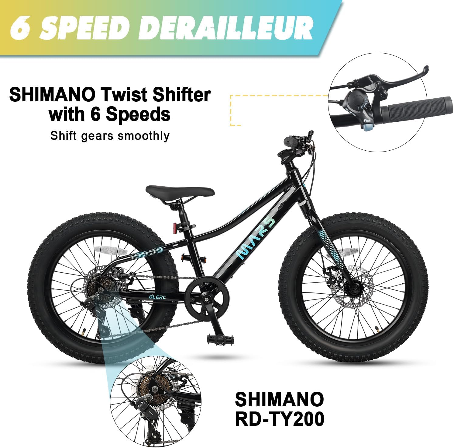 Glerc Mars Kids Mountain Bike, 20 24 Inch Fat Tire Bike for Teen Ages 6-14 Year Old, Bicycle with 2.8-Inch Wide Tires and 6 Speed Drivetrain, Multiple Colors