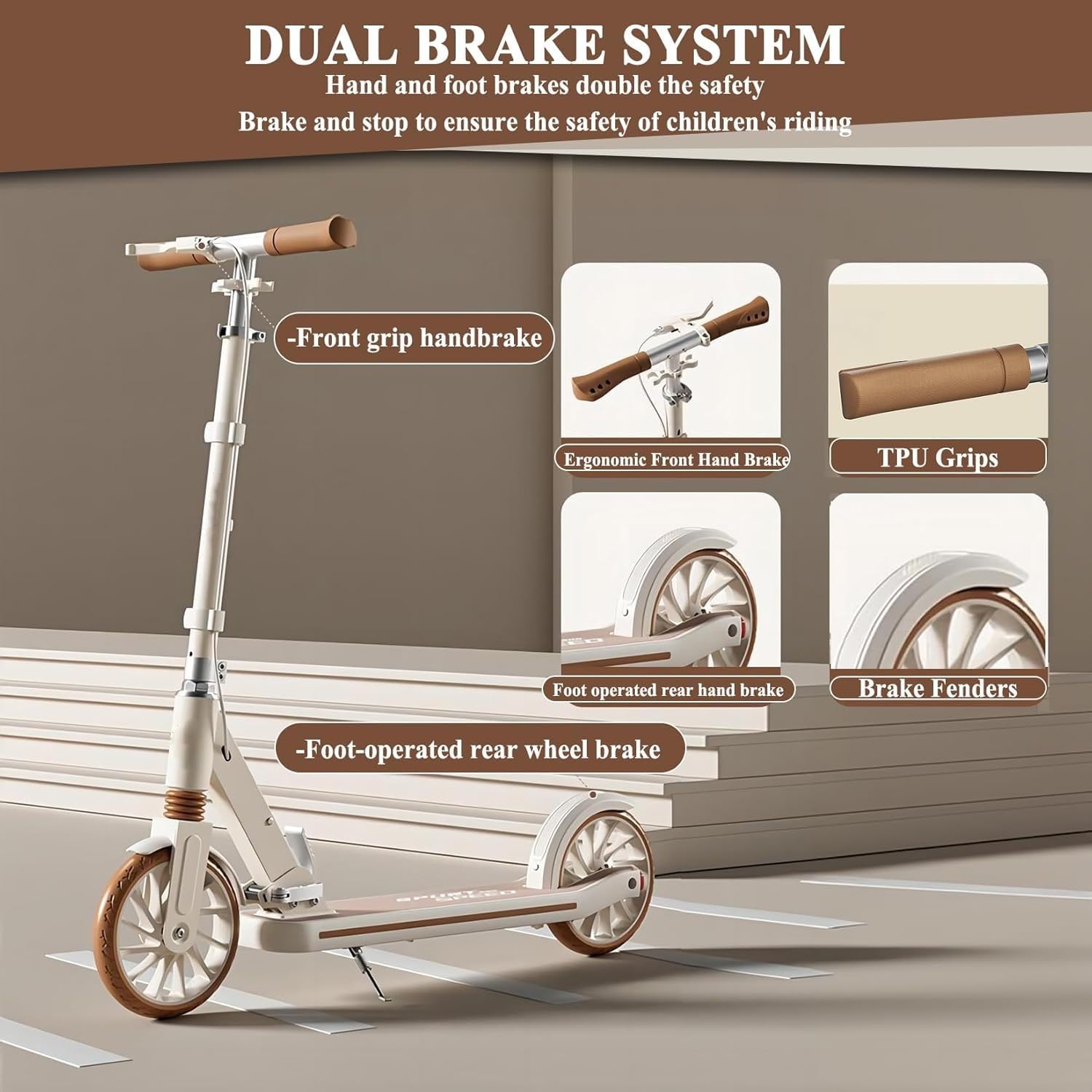Scooter 8IN Solid Tires Big Wheels for Kids,3 Handle Height Adjustable Levels,with Double Braking System,Foldable Scooter for Ages 6+,Kid,Teens & Adults White
