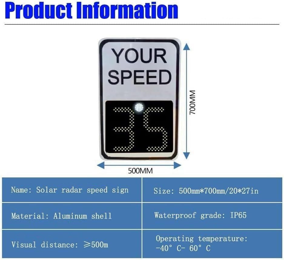 Solar Powered Radar Feedback Sign - LED Traffic Speed Display Warning Board, Speed Limit Sign with Accessories, For Highways & Speed-Limited Roads