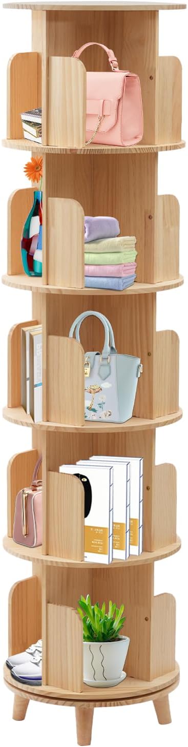 Rotating Bookshelf Tower, Revolving Bookcase, 6 Tiers 360 Display Rotating Bookshelf, Home Wood Bookcase Storage, Shelving Rack Holder, Free Assembly, For Storing Books, Precious Souvenirs (5-Tier)