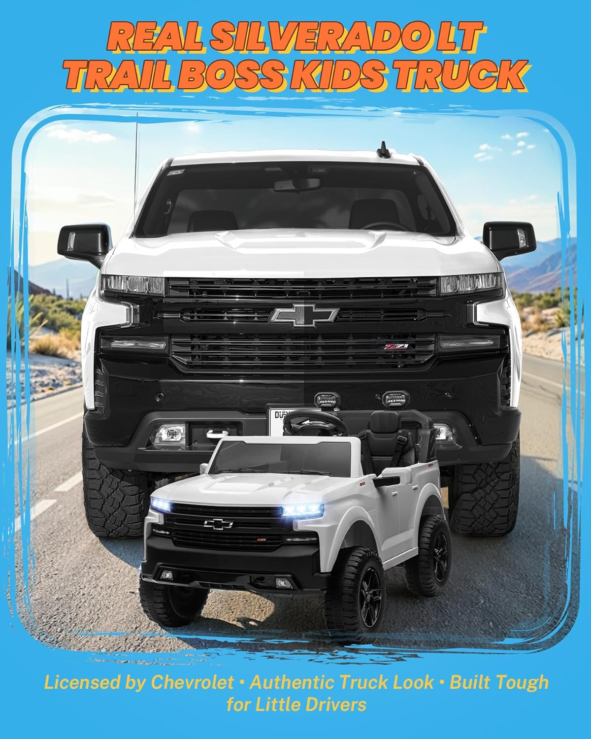 ENYOPRO 24V Ride on Toys for Kids Licensed Chevrolet Silverado LT Trail Boss, 2 Seater Ride on Truck w/Remote Control, Kids Electric Vehicle w/LED Lights, Bluetooth, Horn, Truck Bed Stroage, White