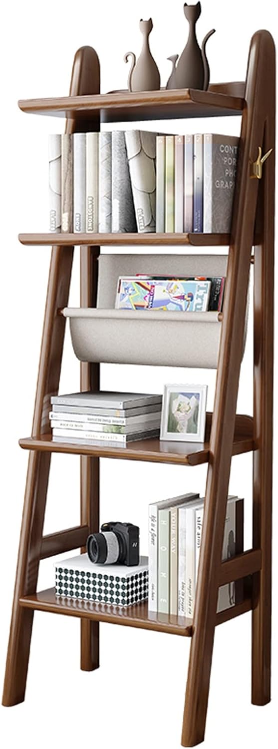 HIHELO Book Case Wooden Bookshelf, Walnut Trapezoidal Bookshelf, Shelf, Suitable for Bedroom, Office Bookshelves