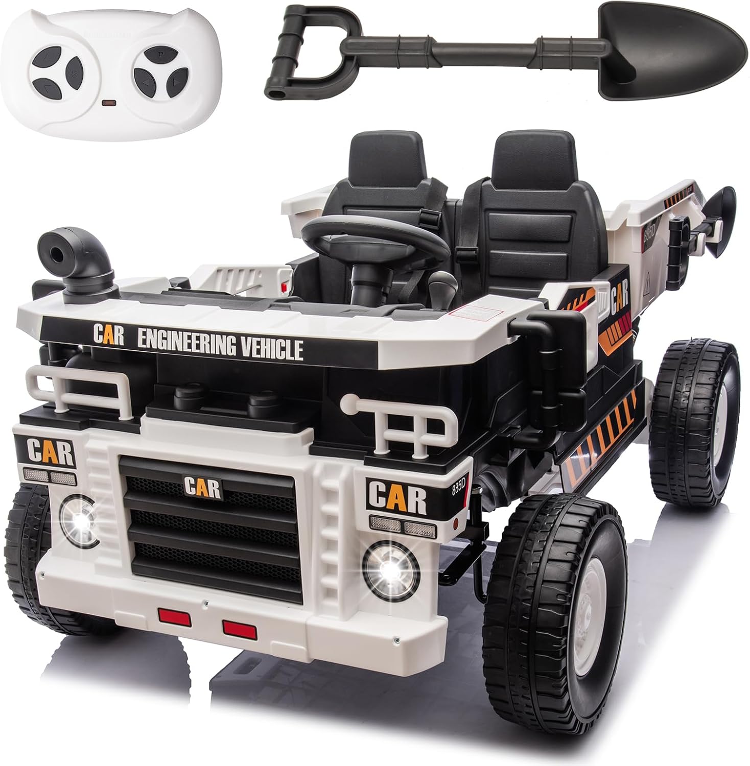 FINITO 24V XL Electric Vehicle,2-Seater 4WD Ride On Toys,Ride On Car with Remote Control, Electric Dump Bed, and Extra Shovel,Up to 5 Mph， The Best Gifts for Boys and Girls(White)