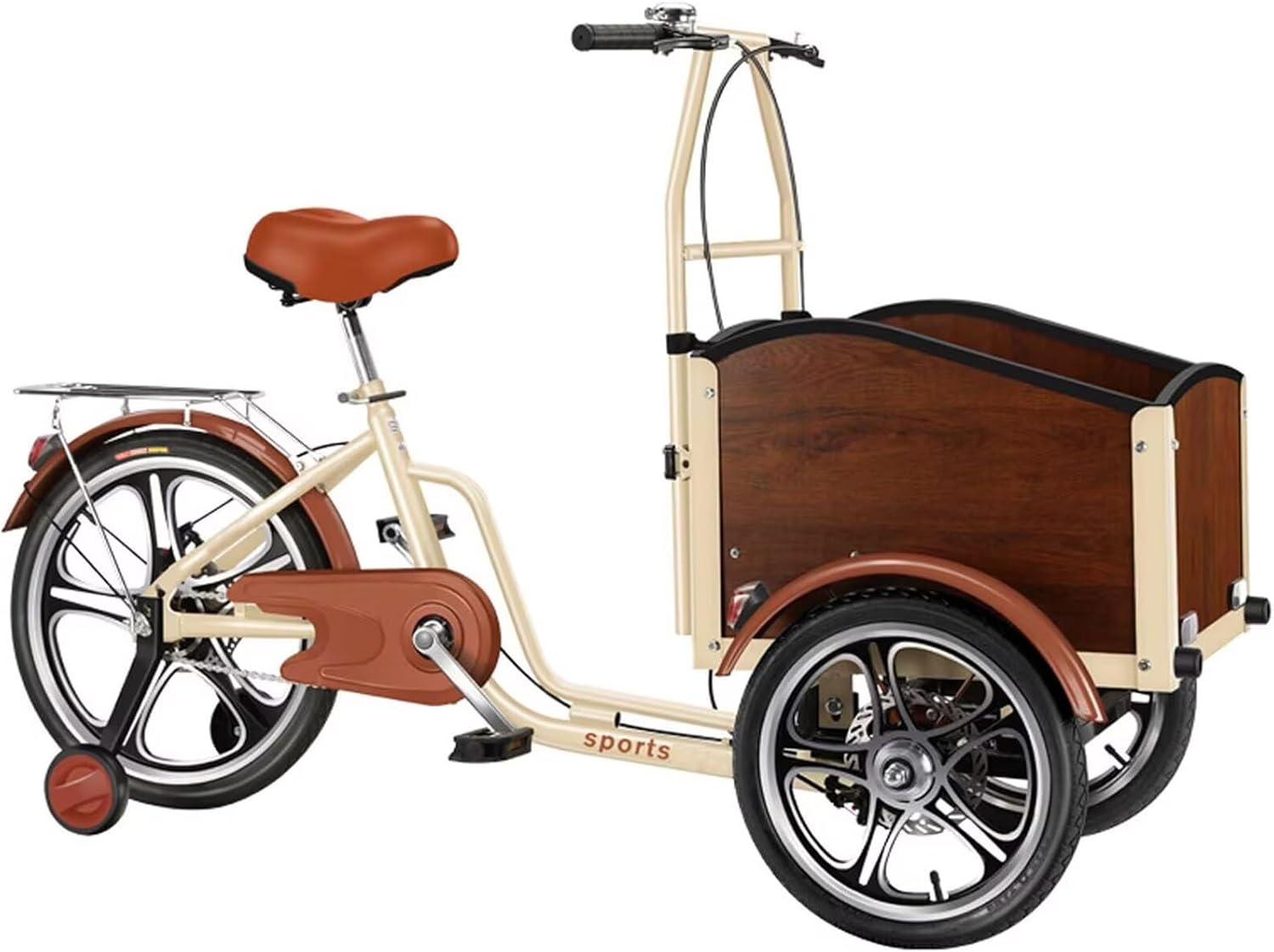 Inverted Pedal Tricycle with Front Wooden Box,Adult Tricycle with Training Wheels to Pickup Kids,Pets,Disc Brakes,3 Wheels Bike,Pedal Assist Cruiser Trike for Cycling, Outing, Picnic