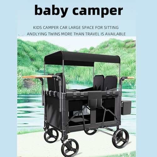 4-Seat All-Terrain Kids Stroller Wagon, Foldable Double Push Bar, UV-Protection Canopy, Durable 600D Oxford Fabric, Ideal Family Cart for Beach, Park & Camping - Black