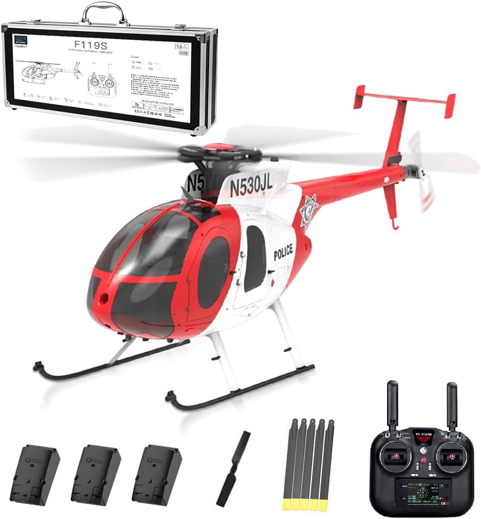 FunXylophy YU Xiang F119S MD500 MH-6 Little Bird RC Helicopter, 1/16 Scale 2.4G 9CH 250-Class RC Helicopter with GPS Flight Control System, 6G/3D Switchable Modes & Openable Cockpit (RTF)
