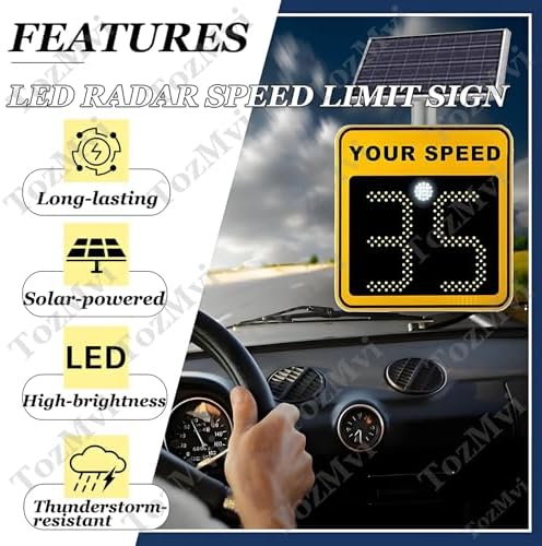 24'' Solar Powered LED Radar Speed Display Sign, Flashing Speed Limit Indicator, 3-Digit Digital Speed Detector, Durable Aluminum Road Warning Board, Traffic Safety Alert