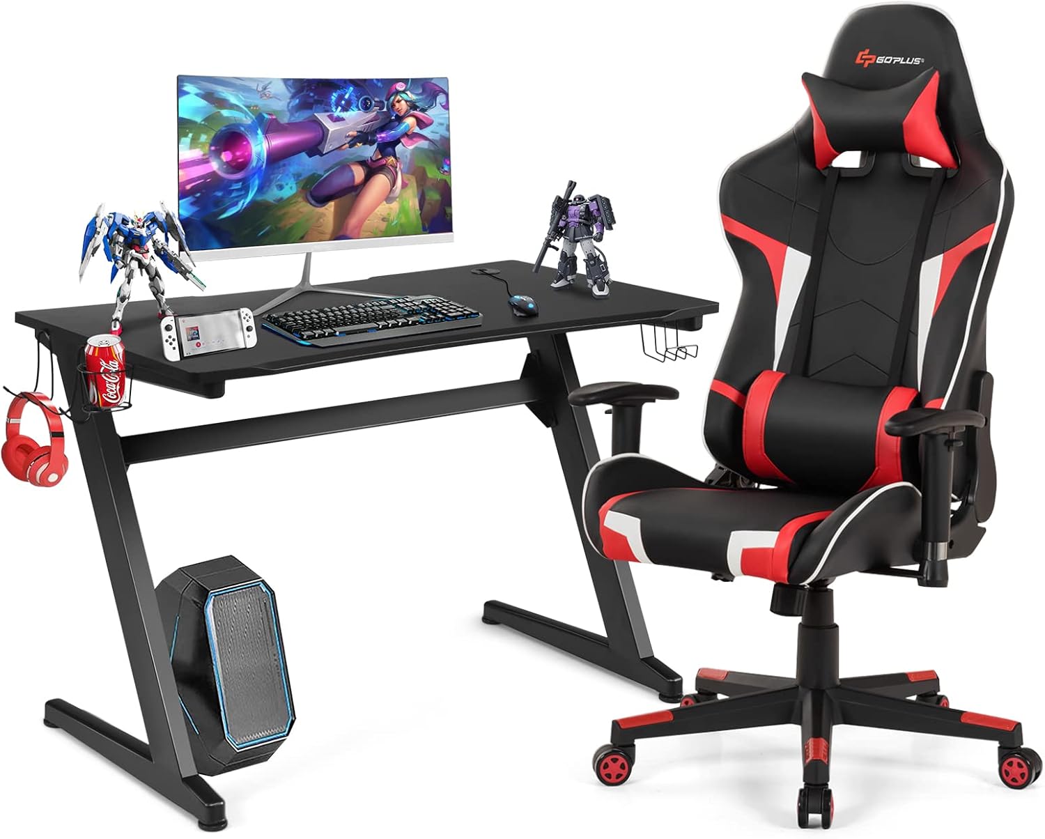 Goplus Gaming Desk & Chair Combo Set, Racing Style Home Office Chair & Desk w/Cup Holder, Headphone Hook & Mouse Pad,Ergonomic E-Sport Computer Desk Chair Furniture w/Massage Lumbar Support(Red)