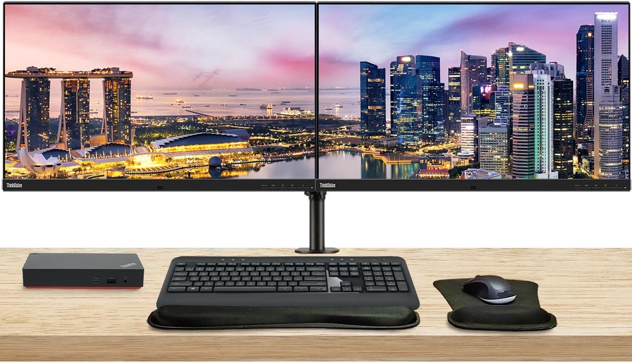 Lenovo ThinkVision P27u 3840 x 2160 LED UHD 4K LCD, 2-Pack Bundle with HDMI, DisplayPort, Daisy Chain, USB-C, USB Hub, Speakers, Dual Monitor Stand, MK540 Wireless Keyboard and Mouse, and Wrist Pad
