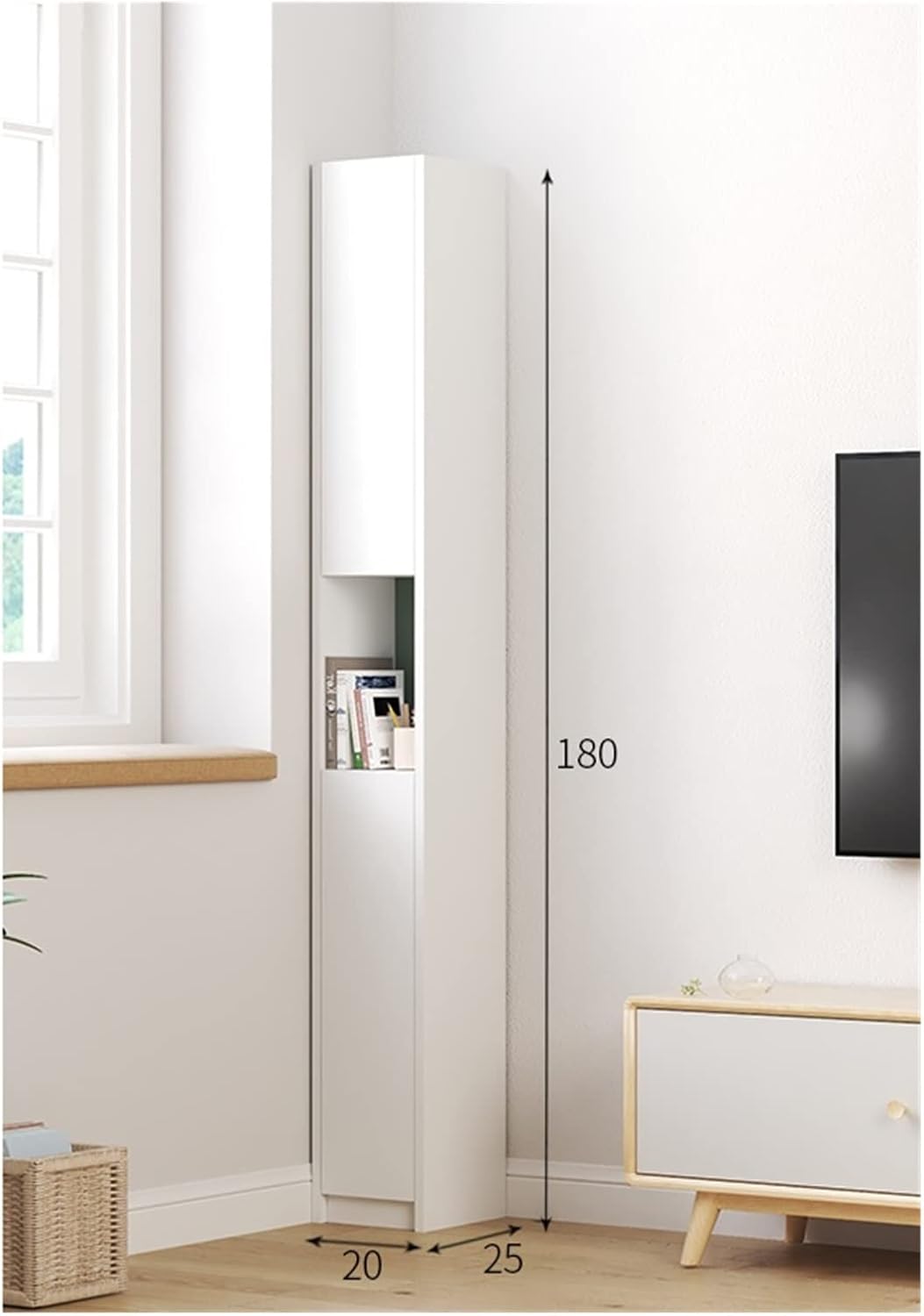 KIRANDY Narrow Slit Bookshelf Lockers, Floor-to-Ceiling Small Corner Storage Bookcases for Living Room Bedroom Lockers (Color : 20x25x180 White Green 2 Doors)