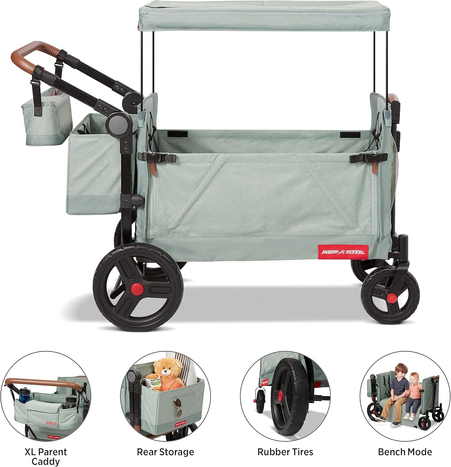 Radio Flyer Atlas Stroll ’N Wagon, Sage Green, for Ages 1+, 3-in-1 Push or Pull Versatility, One-Hand Fold, UV Canopy, 5-Point Harnesses, Storage Capabilities, Rubber Wheels, Stroller Wagon for Kids