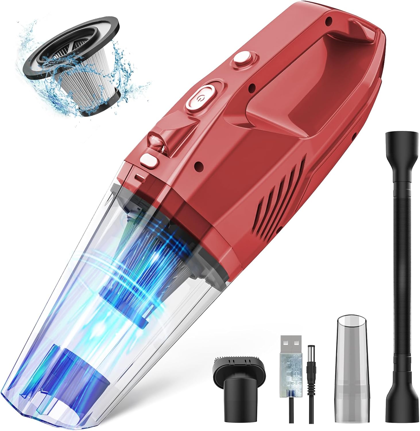 Handheld Vacuum Cordless - Car Vacuum Portable & Small Vacuum Cleaner with 6KPa Suction, USB Vacuum Cordless Rechargeable, HEPA Filter, LED Light for Pet Hair, Home, Car, Office - Includes Accessories