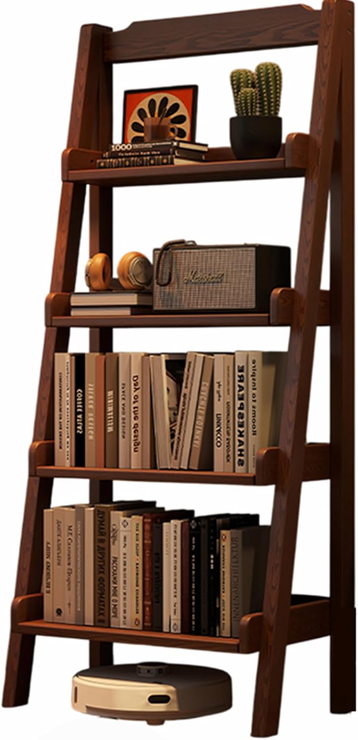 JS Ellie 4-Tier Medieval Style Ladder-Shaped Bookshelf, Solid Wood Floor-Standing Bookcase Shelf, Suitable for Living Room, Bedroom, Office, Balcony, Study Walnut 60cm