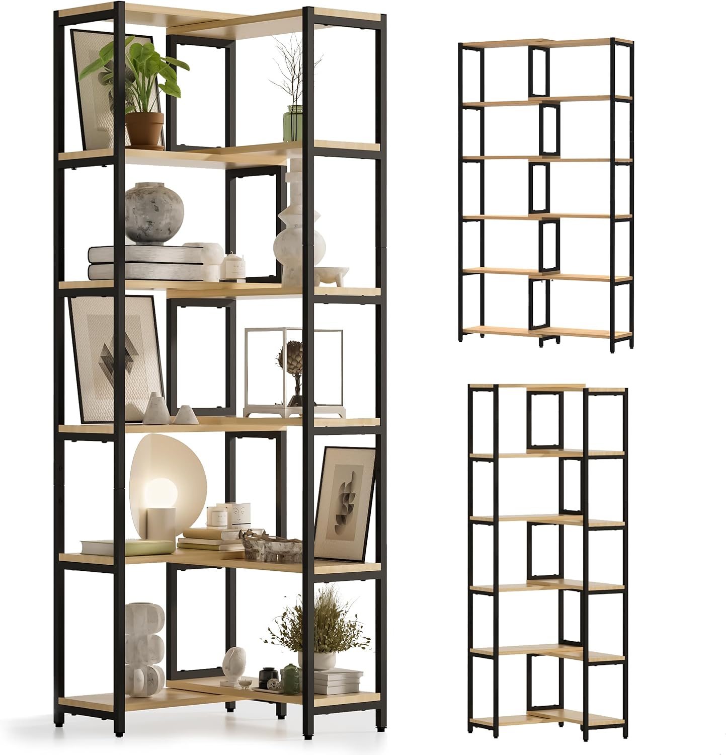 VGUOORG 6 Tier Corner Shelf/Bookshelf, Deformable L Shaped Bookcase, Modern Tall Storage Display Rack with Sturdy Metal Frame for Home Office (Natural Wood Color)