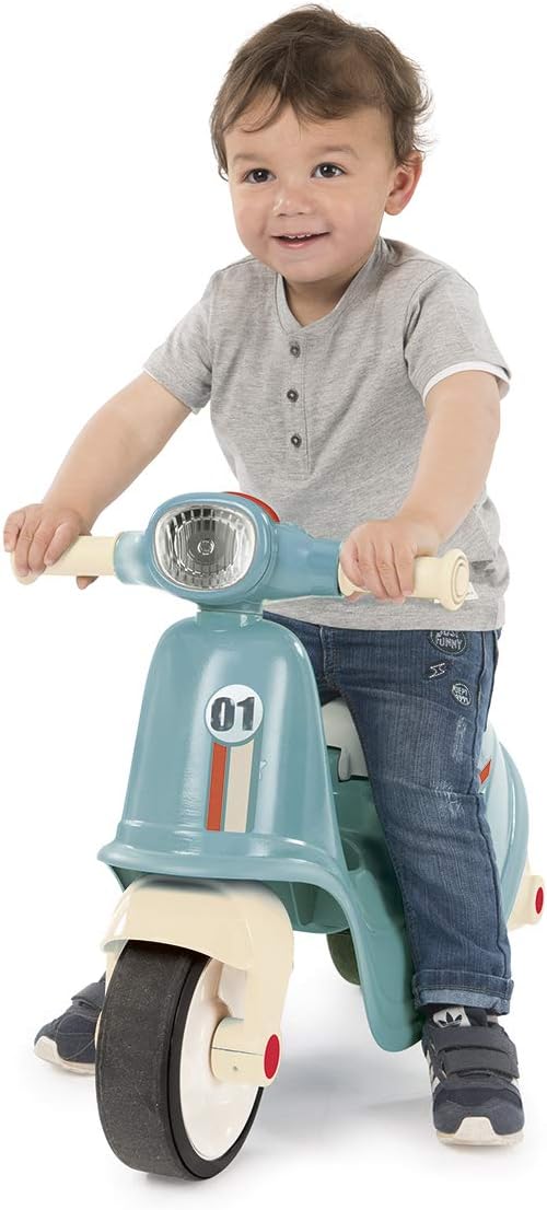 Smoby Porteur Scooter Bleu - Pour Bébé de 18 Mois - Coffre a jouets Sous le Siege - L?64,5 x l34 x H47,5 cm