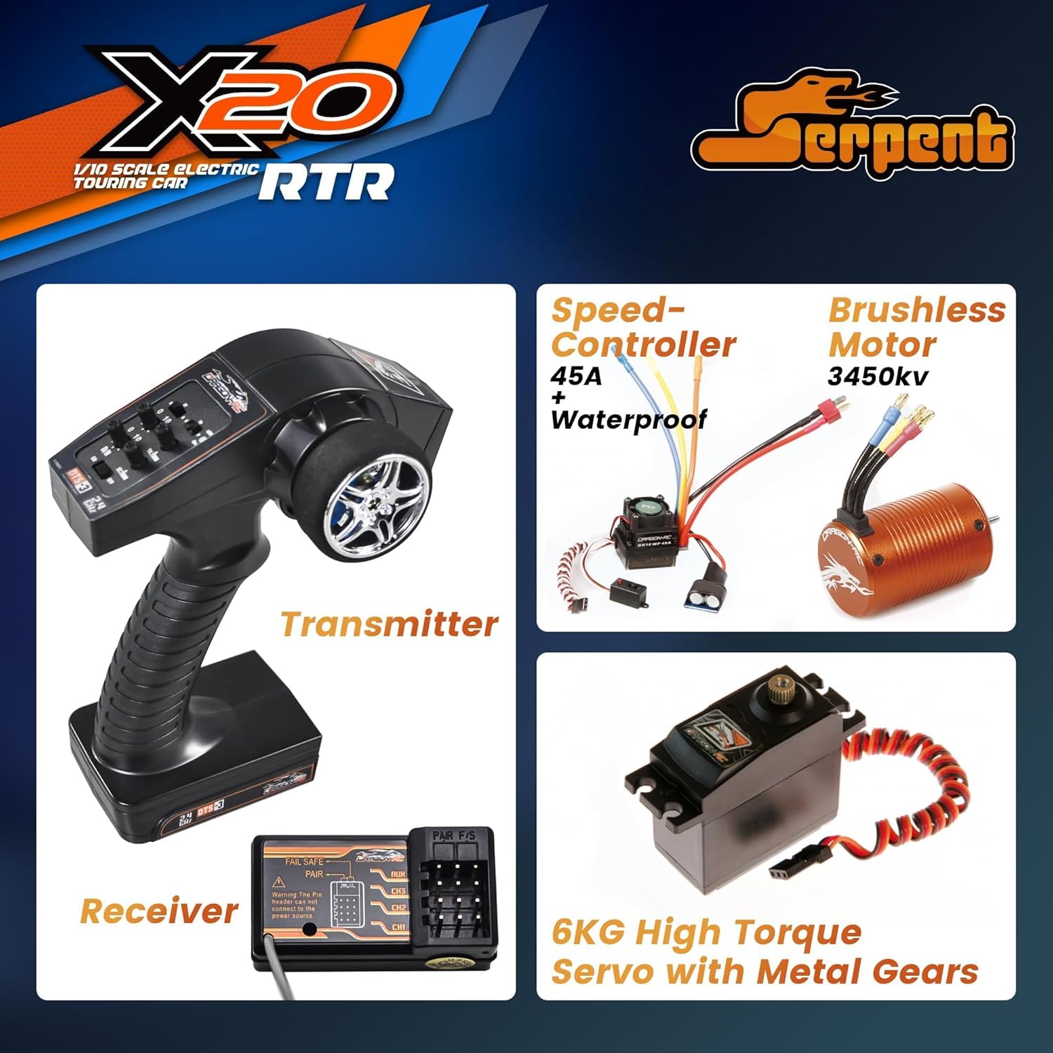Serpent X20 1/10 RC Touring Car RTR, 4WD Fast Electric RC Car with Brushless Motor, Carbon Fiber & CNC Aluminum Parts, High Speed, Batteries and Charger Not Included (Orange)