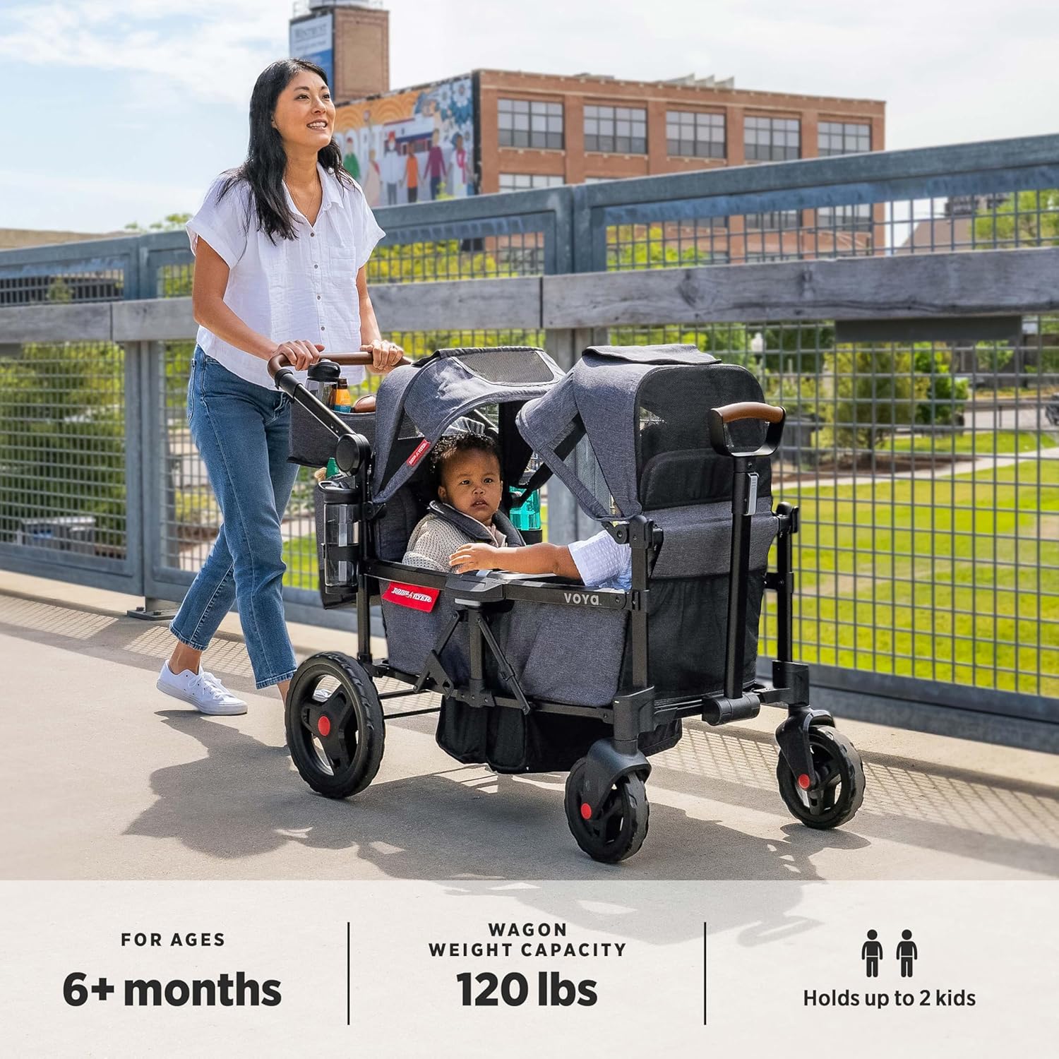 Radio Flyer Voya Stroller Wagon, for Toddlers and Kids 6+ Months, Push or Pull, 2 Seats, Dual Sun Canopies, Compact Fold, Lightweight, Storage Space, 5-Point Harnesses, Stroller Wagon for Kids