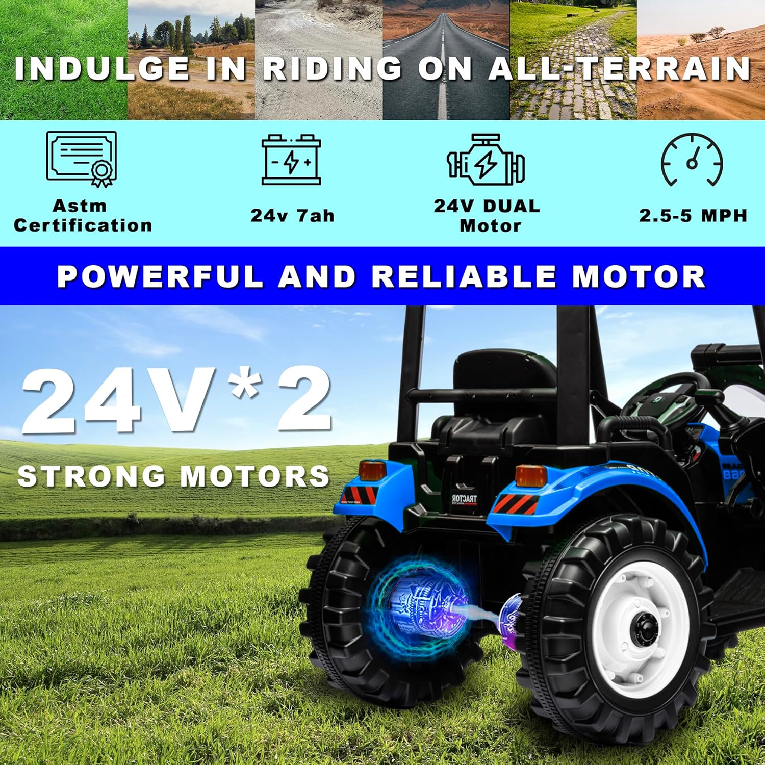 24V Kids Ride On Tractor w/Remote Control, 3IN1 Riding Tractor w/Trailer&Front Loader, Power Wheels 24V Ride on Toys for Boys Girls, Kids Ride on Excavator Toy (Blue Tractor with Trailer&Front Loader)