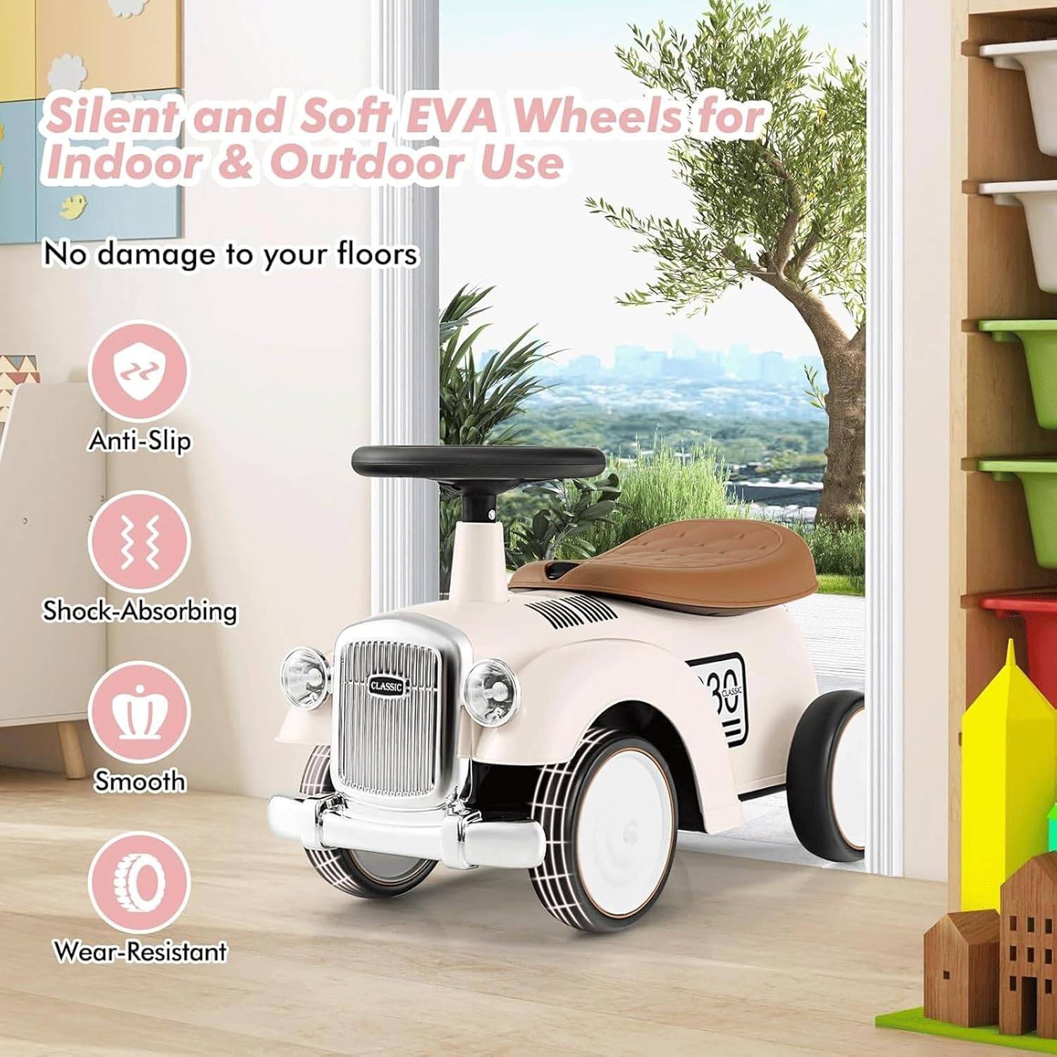 Wiggle Scooter Ride On Push Car with Steering Wheel, Horn, Kids Racer Walking Gift for Boys Girls(White)