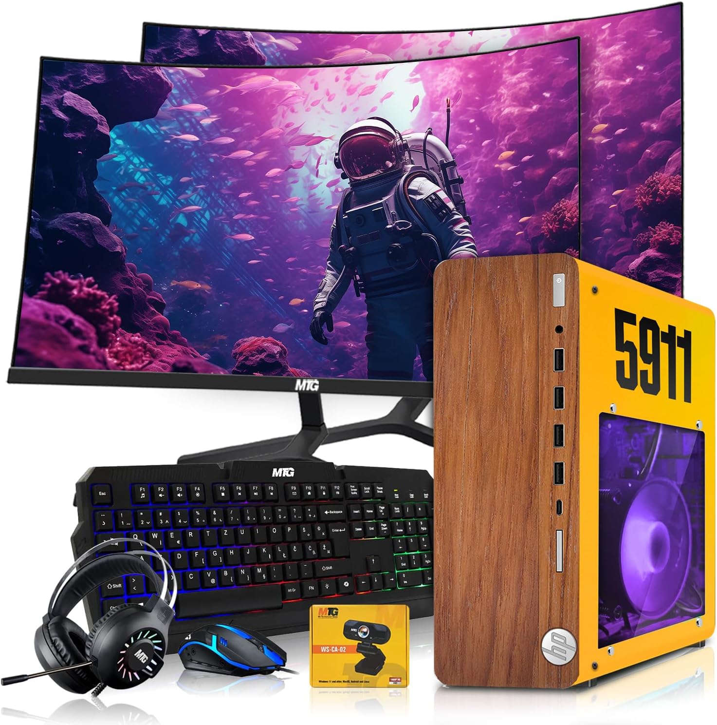 HP Full Dark Gaming PC Desktop Computer 5911 AMD A10-9700, GT 1030, 16GB RAM, 1TB SSD, Dual 32 Inch Curved Monitor, RGB KBM with AI Copilot, WiFi, RGB Headphone, Webcam, Windows 11 (Renewed)