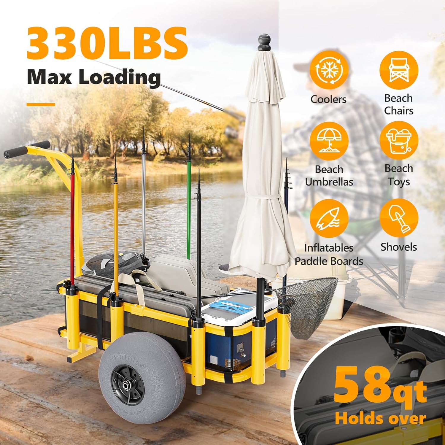 Bonnlo Fishing Cart, Foldable Beach Trailer with 13