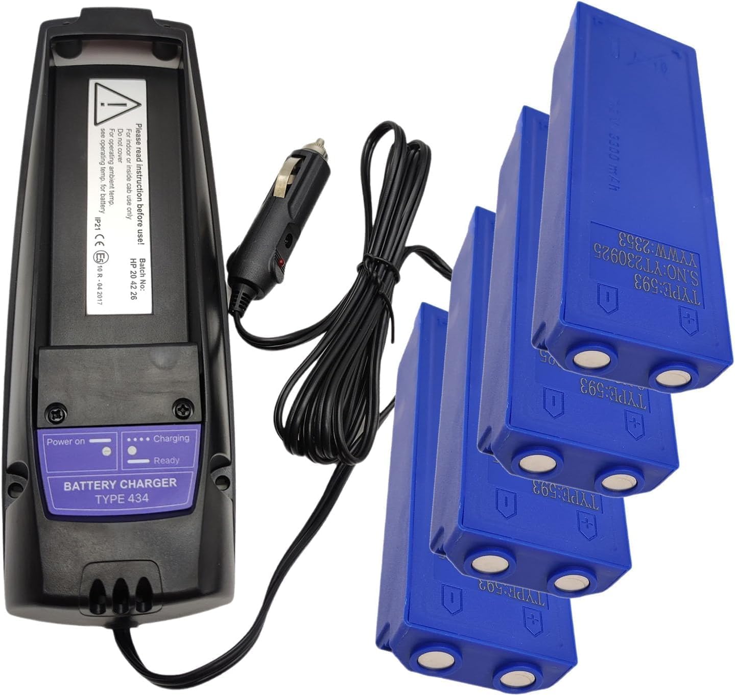 [1 Charger+4 Battery] 1pcs DC10-24V Scanreco 434 Battery Charger with (4pcs) Type 593 Rechargeable NIMH Battery for SCANRECO 593/592/590/960 7.2V 3.3Ah GP222101