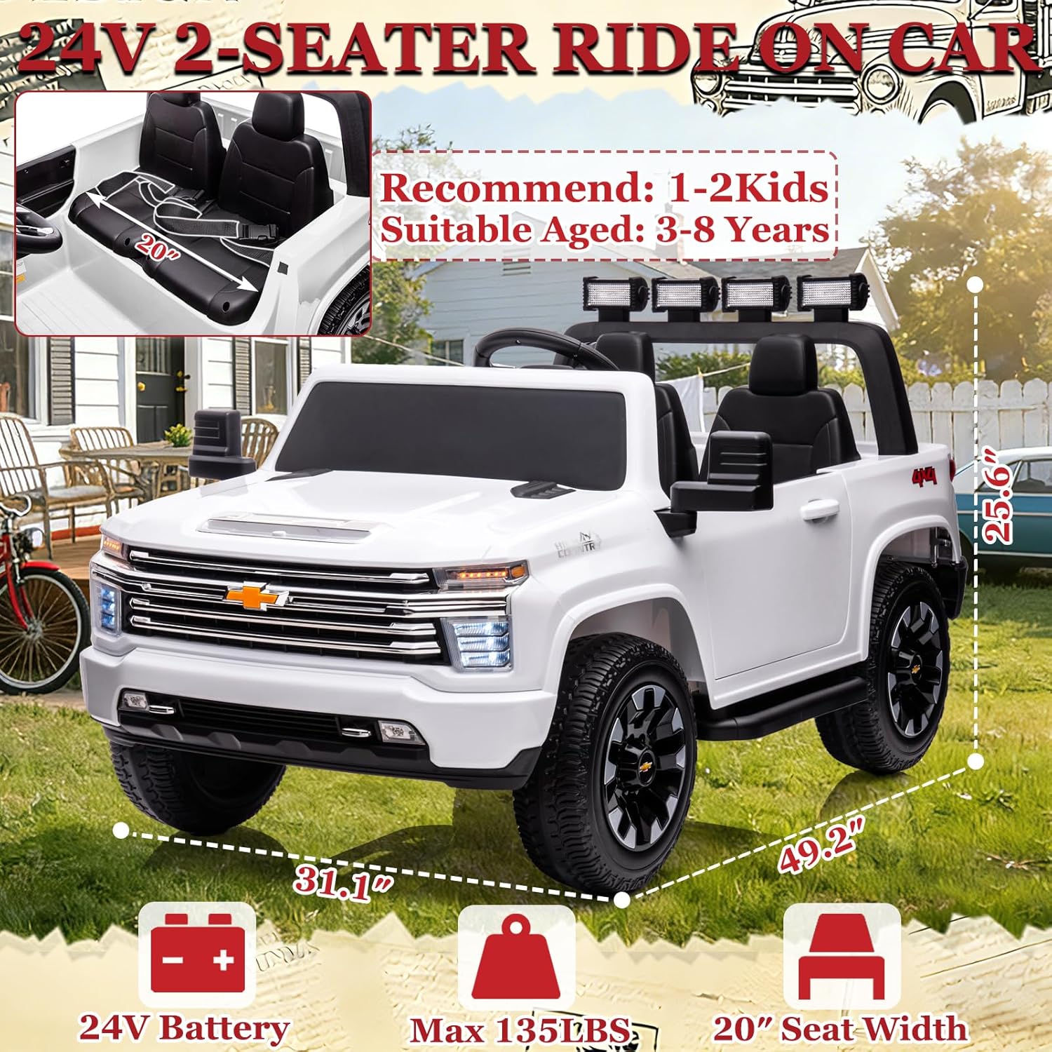 NEWQIDA 24V 2 Seater Ride On Car Licensed Chevrolet Silverado HD Pickup Truck Ride On Toys with Remote Control 4WD Kids Electric Power Vehicles Wheels for Boys Girls, EVA Tires, Music Function, White