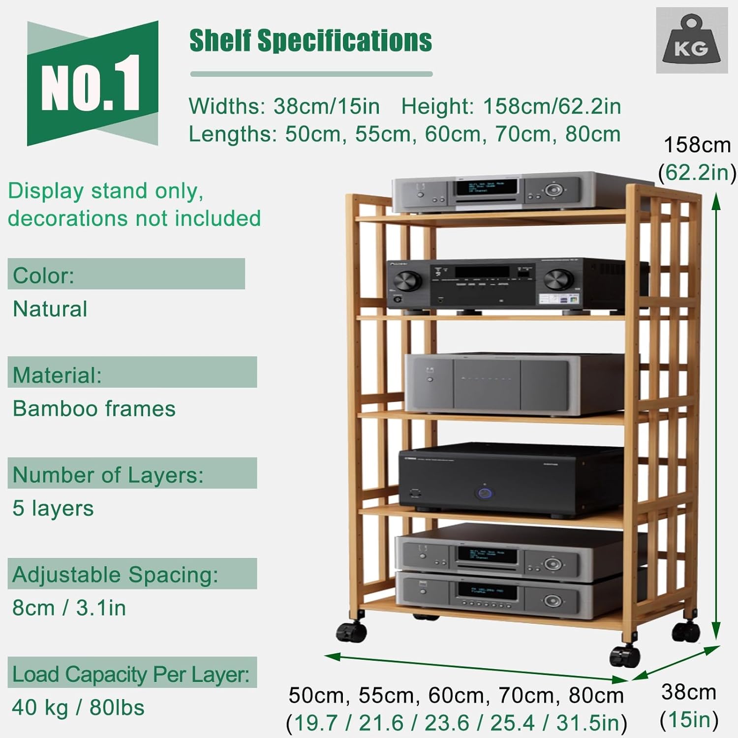 Media Stand Corner Shelf Adjustable Height with Wheels