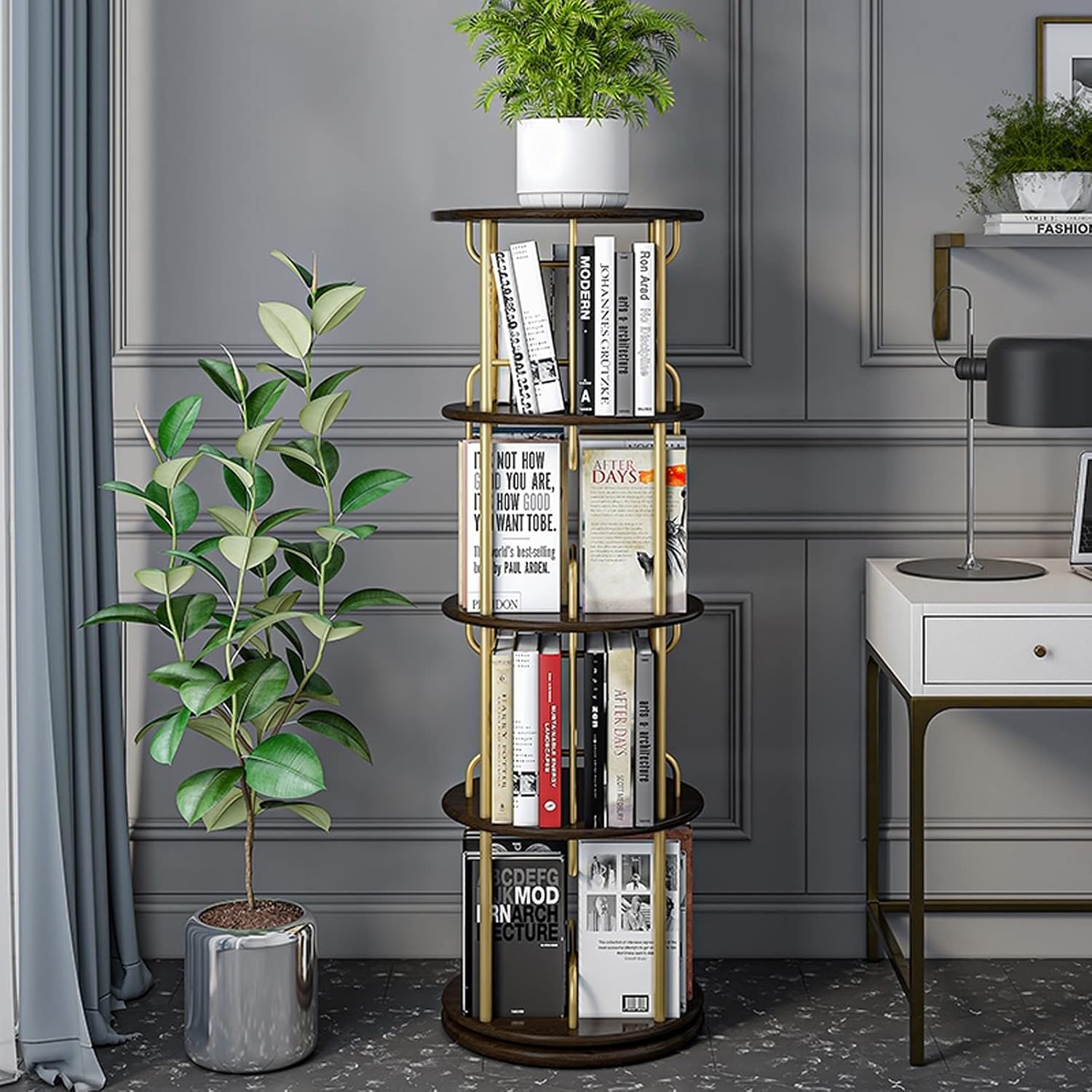 NERDOH Book Shelf Organizer Creative Revolving Bookcase Solid Wood Partitions and Golden Metal Tubes Book Shelf Simple Floor-to-Ceiling Round Bookcase ，Save Space Bookshelf (Color : B, Size : 4-S