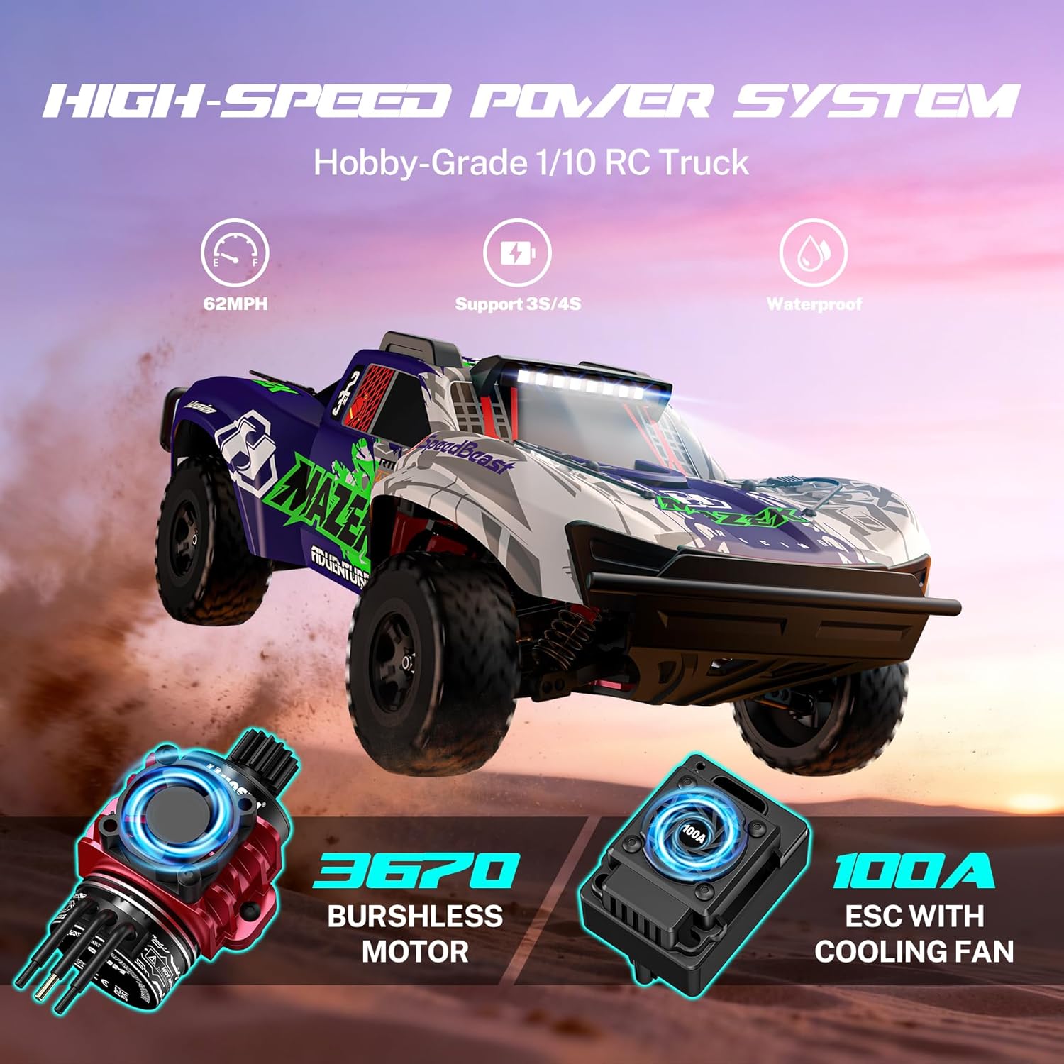 Hosim 1/10 Scale Brushless RC Cars for Adults Fast 62+ MPH, MAZEK 4x4 Off-Road Electric Remote Control Monster Truck, RTR with 3S Lipo Battery, 100A ESC, Waterproof Racing Buggy Blue
