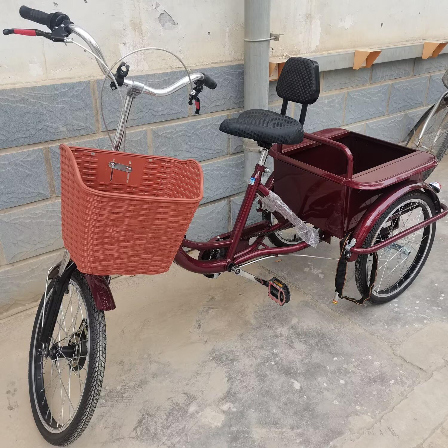 Elderly Pedal Tricycle with Pedals,3 Wheels Bicycle Rickshaw,Cruiser Bike trikes,Passenger and Cargo Tricycle,Large Rear Cabin,Saddle and Handlebar Height Adjustable, Wine red-B-20inch