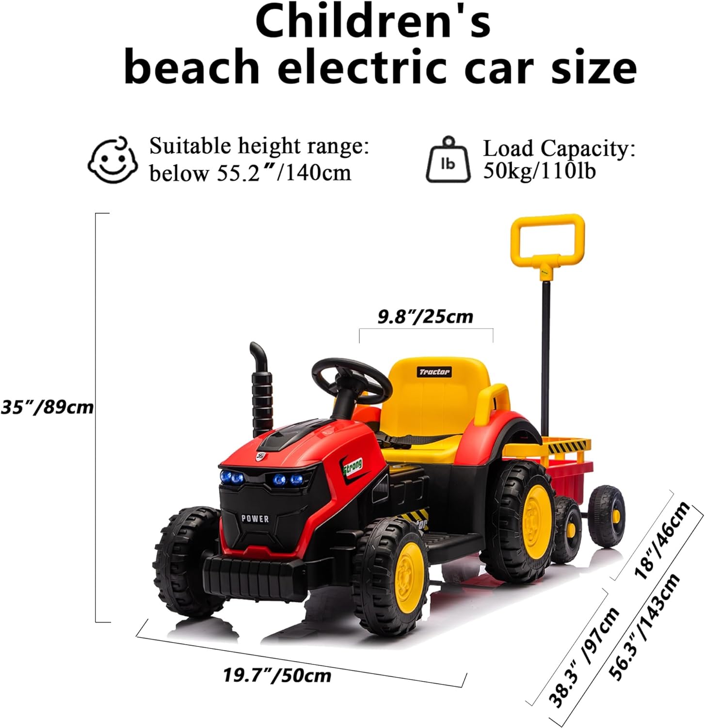 Kids Electric Ride On Tractor with Trailer, 12V Powered Children's Farm Tractor Toy Car with LED Lights, Music, PP Material, for 3-6 Years Old(Red)