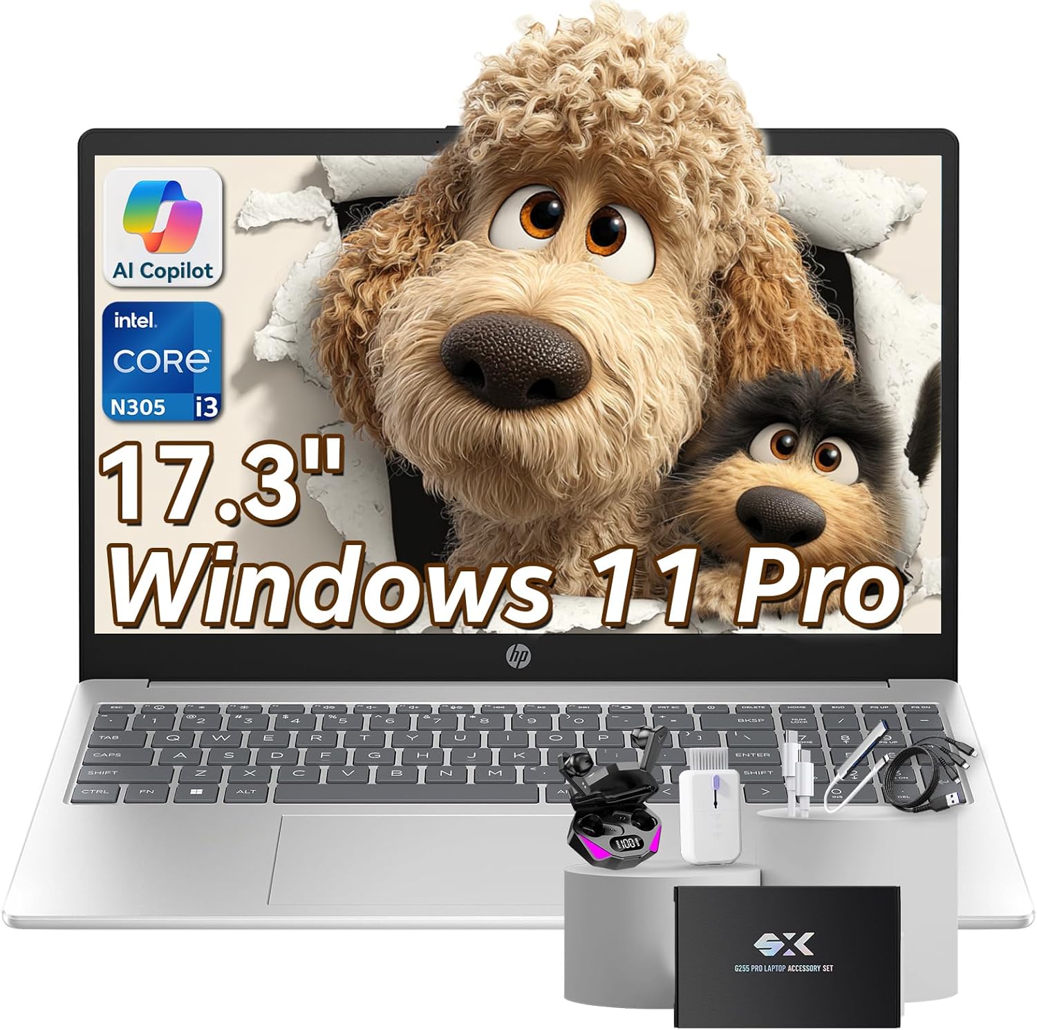 HP 17.3″ HD Laptop for Student & Business, Intel Core i3‑N305 (8-Core), 32GB RAM, 1TB SSD, Wi‑Fi6, Bluetooth5.4, Windows 11 Pro, Copilot AI, Long Battery Life with G255 Pro Laptop Accessories Kit