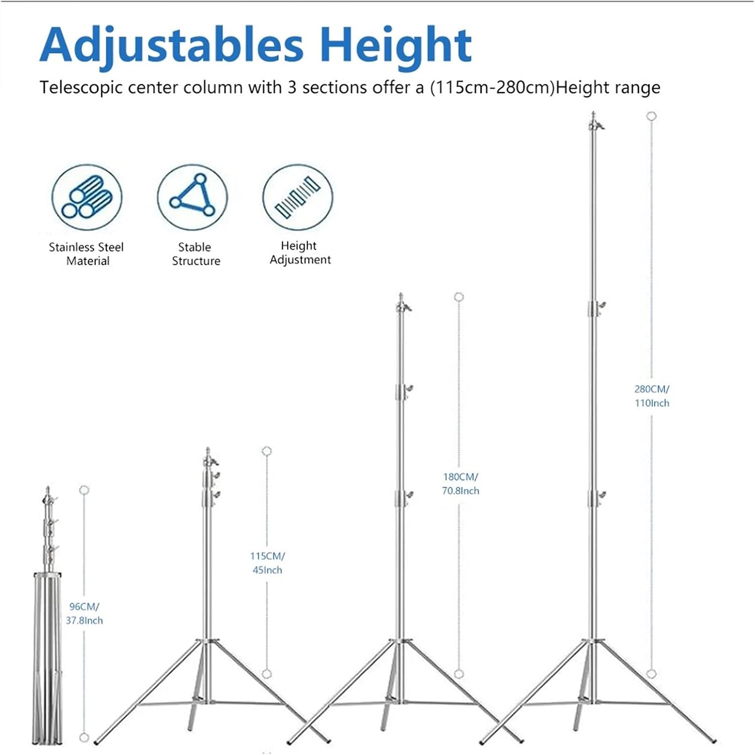 2.9M Tripod Super Stable Large Tripod Foldable Light Stand Lift Stand Wheels Stainless Steel(Frame)