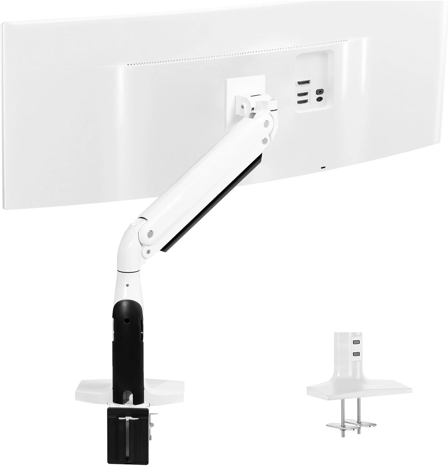 Single Piece White Extra Wide Monitor Bracket, Pneumatic, Desktop Mount, Maximum Hole spacing 200x100mm