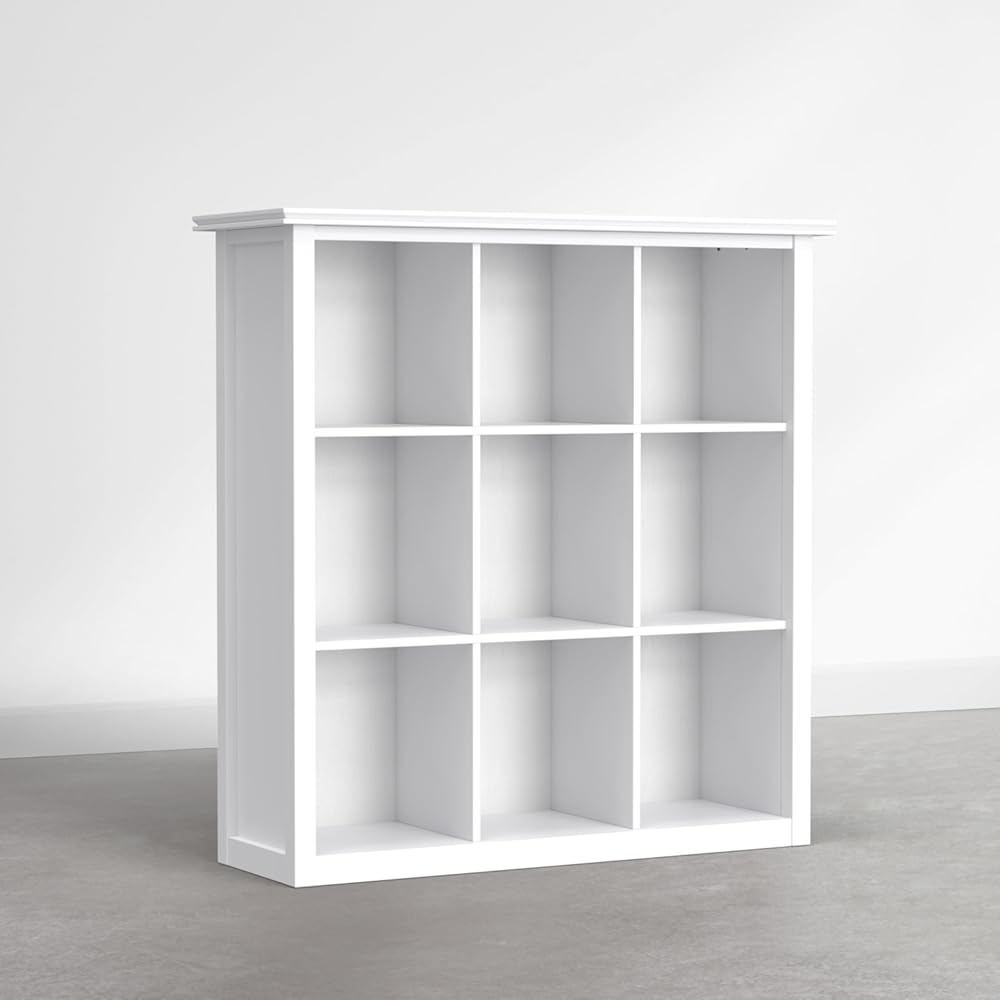 SIMPLIHOME Artisan Bookcase - 43 inch Tall 9-Cube Solid Wood Cube Organizer in Chantilly White, Transitional Storage Bookcase for Living Room, Study Room or Office with Fixed Shelves and Tapered Legs