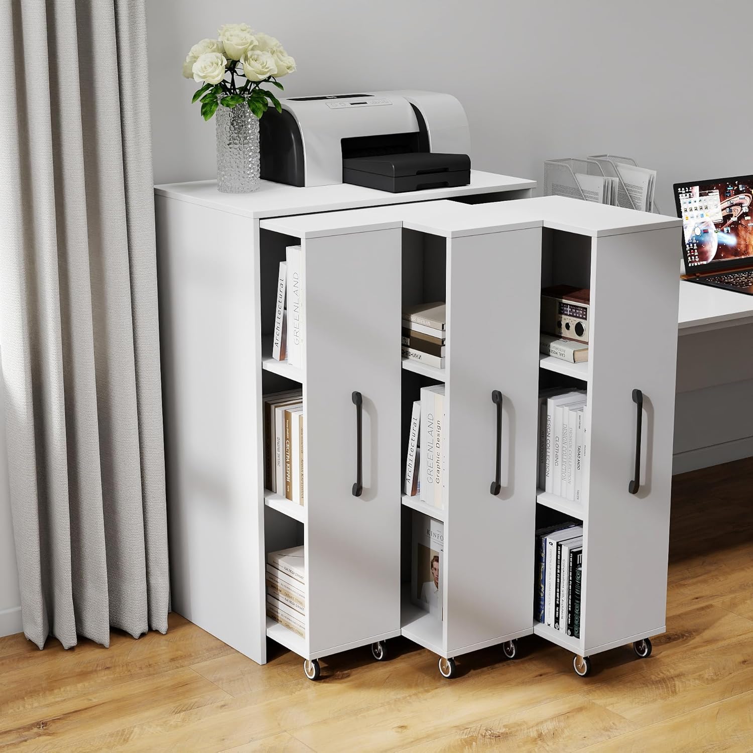 Mobile Bookcase with 3 Pull-Out Doors, 3-Tier Hidden Storage Cabinet with Wheels White Slide out Bookshelf File Cabinet 15mm Particle Board Decorative Display Rack for Office Living Room Bedroom