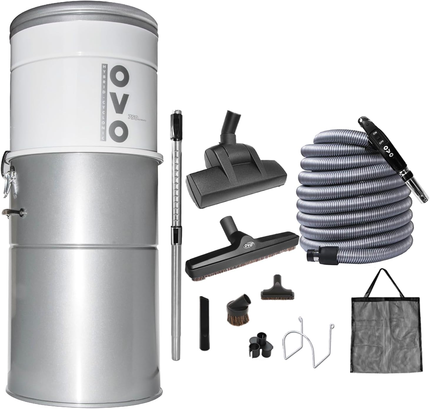 OVO Heavy Duty Powerful Central Vacuum System, Hybrid Filtration (with or Without Disposable Bags) 35L or 9.25Gal, 750 Airwatts with 40ft Deluxe Plus Accessory kit Included
