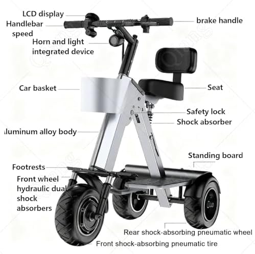 Foldable Electric Scooter 450W Motor 3 Wheel Electric Trike for Adults with 36V 10A Removable Battery with Reverse Function